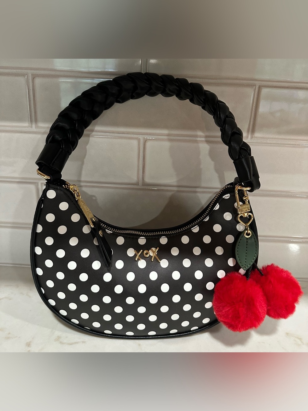 Betsey Johnson Polka Dot Handbag with Red Pom Poms